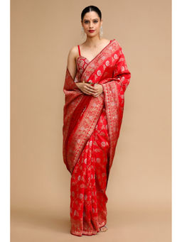 Mysilklove - Scarlet Red Woven Jacquard Lichi Silk Hnadloom Saree with Unstitched Blouse