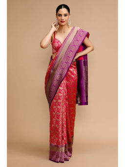 Mysilklove - Fire Brick Red Woven Jacquard Lichi Silk Handloom Saree with Unstitched Blouse