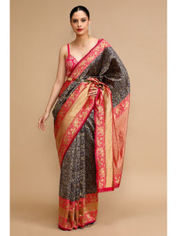 Mysilklove - Navy Blue Myrtle Woven Jacquard Lichi Silk Handloom Saree with Unstitched Blouse