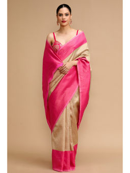 Mysilklove - Beige & Pink Woven Jacquard Lichi Silk Handloom Saree with Unstitched Blouse