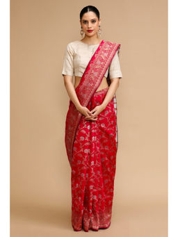 Mysilklove - Wine Red Woven Jacquard Lichi Silk Handloom Saree with Unstitched Blouse