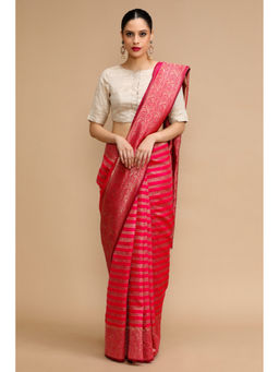 Mysilklove - Amaranth Pink Woven Jacquard Lichi Silk Handloom Saree with Unstitched Blouse