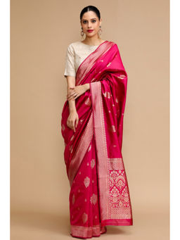 Mysilklove - Fuchsia Pink Woven Jacquard Lichi Silk Handloom Saree with Unstitched Blouse
