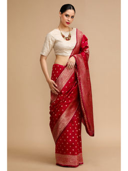 Mysilklove - Bride Red Woven Jacquard Lichi Silk Handloom Saree with Unstitched Blouse
