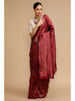 Mysilklove - Maroon Synonyms Woven Jacquard Lichi Silk Handloom Saree with Unstitched Blouse