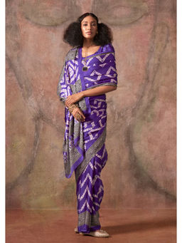 Mysilklove - Purple Heliotrope Ajrakh Satin Georgette Silk Printed Saree with Unstitched Blouse