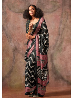 Mysilklove - Black Raisins Ajrakh Satin Georgette Silk Printed Saree with Unstitched Blouse