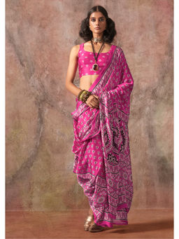 Mysilklove - Pink Ajrakh Satin Georgette Silk Printed Saree with Unstitched Blouse