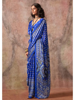 Mysilklove - Lazuli Blue Ajrakh Satin Georgette Silk Printed Saree with Unstitched Blouse