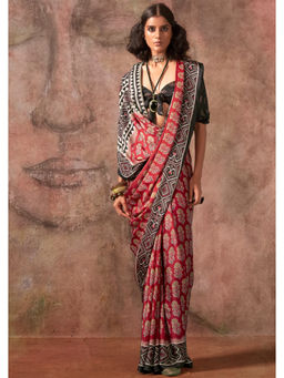Mysilklove - Aged Red Ajrakh Satin Georgette Silk Printed Saree with Unstitched Blouse