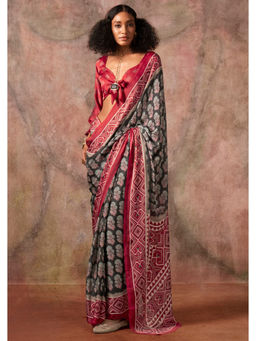 Mysilklove - Aged Black Ajrakh Satin Georgette Silk Printed Saree with Unstitched Blouse