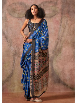 Mysilklove - Blue Falun Ajrakh Printed Satin Georgette Silk Printed Saree with Unstitched Blouse