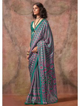 Mysilklove - Green Ajrakh Satin Georgette Silk Printed Saree with Unstitched Blouse