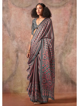 Mysilklove - Grey Ajrakh Satin Georgette Silk Printed Saree with Unstitched Blouse