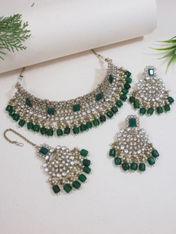 I Jewels - Green Gold Plated Traditional Pearl Kundan Choker Jewellery Necklace Set