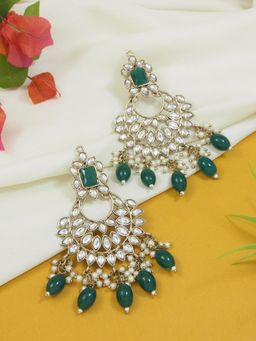 I Jewels - Green Gold Plated Traditional Kundan Pearl Chandbali Earrings -E3154G