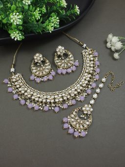 I Jewels - Gold Plated Traditional Lavender Floral Choker Necklace Jewellery Set K7268Pu
