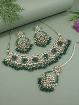 I Jewels - Gold Plated Green Traditional Kundan Pearl Choker Necklace Jewellery Set K7274G