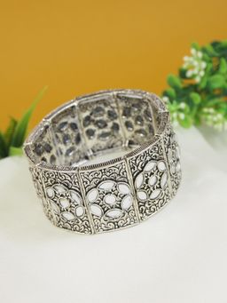 I Jewels - Silver Oxidised Afghani Traditional Mirror Work Stretch Bracelet