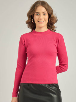 Outzidr - Pink Basic Solid Fitted Ribbed Street Style Top