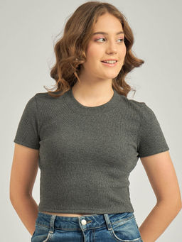 Outzidr - Grey Basic Fitted Ribbed Street Style Top