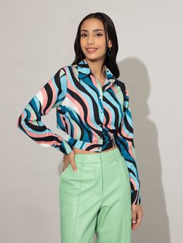Twenty Dresses by Nykaa Fashion - Multicolor Wave Printed Fitted Crop Shirt