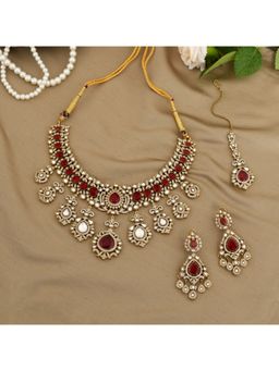 Beryachi - Red Yamika Necklace and Earrings with Maangtikka