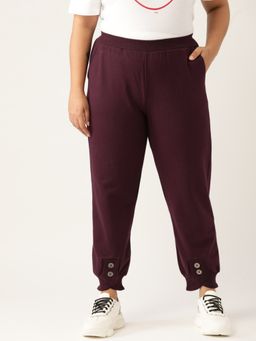 theRebelinme - Plus Size Women Burgundy Solid Color Knitted Fleece Winter Joggers