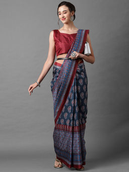 Akhilam - Navy Blue Festive Silk Blend Printed Saree with Unstitched Blouse