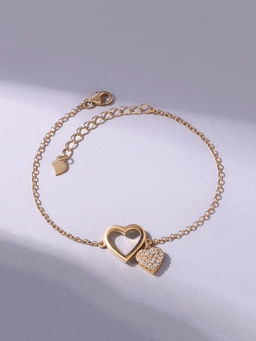 Ornate Jewels - 925 Silver 18K Gold Plated White CZ Dual Heart Embrace Bracelet (Adjustable)