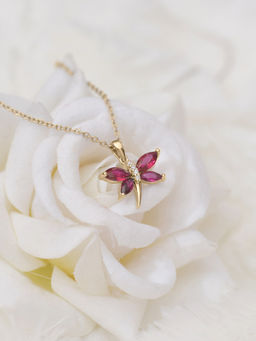 Ornate Jewels - 925 Silver 18K Gold Plated Red Ruby Butterfly Pendant With Chain