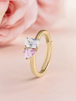 Ornate Jewels - 925 Silver 18K Gold Plated Pear Pink CZ Toi Et Moi Adjustable Ring (Adjustable)