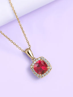 Ornate Jewels - 925 Silver 18K Gold Plated Red Ruby Halo Necklace (Adjustable)