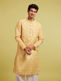 Diwas by Manyavar - Men Yellow Cotton Blend Abstract Printed Kurta