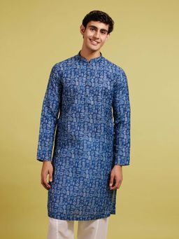 Diwas by Manyavar - Men Blue Cotton Blend Abstract Printed Kurta