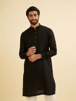Manyavar - Men Black Cotton Plain Kurta