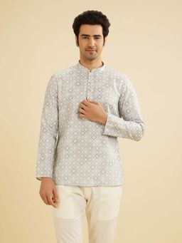 Manyavar - Men Grey Blended Cotton Print Shirt Kurta