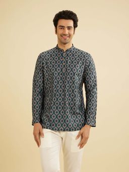 Manyavar - Men Green Blended Cotton Digital Print Shirt Kurta