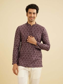 Manyavar - Men Wine Blended Cotton Digital Print Shirt Kurta
