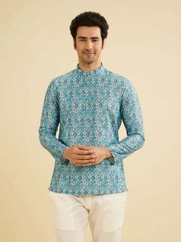 Manyavar - Men Blue Blended Cotton Digital Print Shirt Kurta