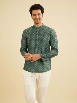 Manyavar - Men Green Blended Cotton Floral Print Shirt Kurta