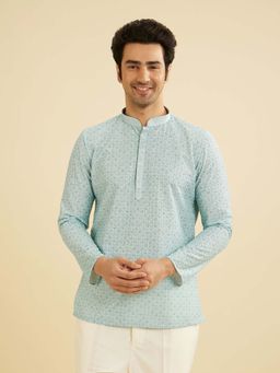 Manyavar - Men Green Blended Cotton Embroidered Shirt Kurta