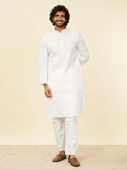 Manyavar - Men White Cotton Embroidery Jacquard Textured Kurta