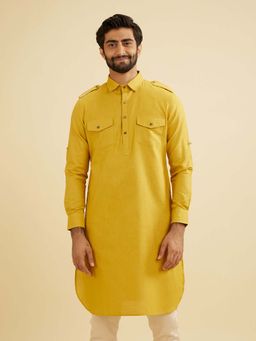 Manyavar - Men Yellow Cotton Plain Kurta