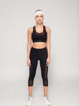 STRCH - Black Solid with Mesh Nylon Slim Fit High Rise Capri