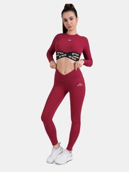 STRCH - Maroon Printed High Rise Criss Cross Waist Gym Leggings