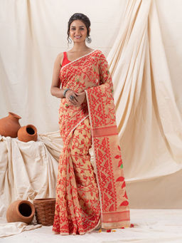 Angoshobha - Traditional Tan & Red Creeper Soft Dhakai Jamdani Saree with Unstitched Blouse