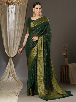 Akhilam - Womens Georgette Green Woven Designer Saree with Unstitched Blouse