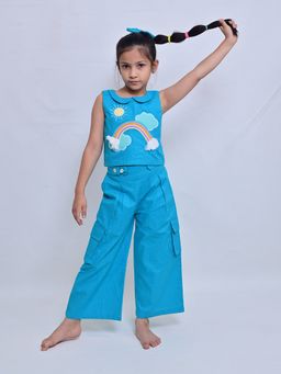 ARTH LIFE - Girls Blue Rainbow Embroidered Co-Ord Set