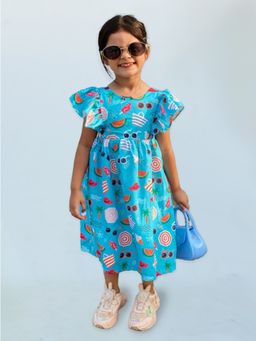 ARTH LIFE - Girls Blue Seaside Printed Ruffle Dress